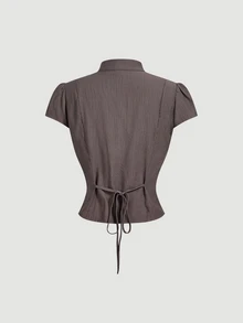 SHEIN MOD Shirt With Frog Button, Stand Collar And Cap Sleeves - Brown - View 3