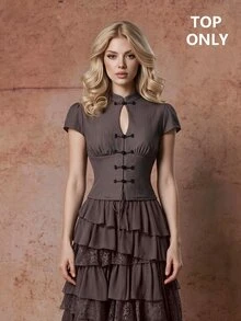SHEIN MOD Shirt With Frog Button, Stand Collar And Cap Sleeves - Brown - View 9