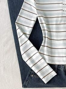 SHEIN Teen Girl Spring Autumn Winter Casual Minimalist Fashion Knit Style Faux Texture Grey Striped All-Over Print Half-Button Pullover Long Sleeve T-Shirt, Daily Wear, Autumn Winter Layering, Y2K - Khaki - View 8