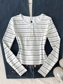 SHEIN Teen Girl Spring Autumn Winter Casual Minimalist Fashion Knit Style Faux Texture Grey Striped All-Over Print Half-Button Pullover Long Sleeve T-Shirt, Daily Wear, Autumn Winter Layering, Y2K - Khaki - View 3