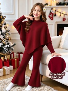 SHEIN 青少年女孩春秋冬季休閒套裝，不對稱設計套頭高領針織羅紋酒紅色純色長袖 T-shirt 套組，聖誕風格 - 酒紅色 - 查看 4