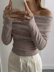 DAZY Women's Off-Shoulder Fitted T-Shirt, Autumn/Winter New Arrival Long Sleeve - Coffee Brown - View 3