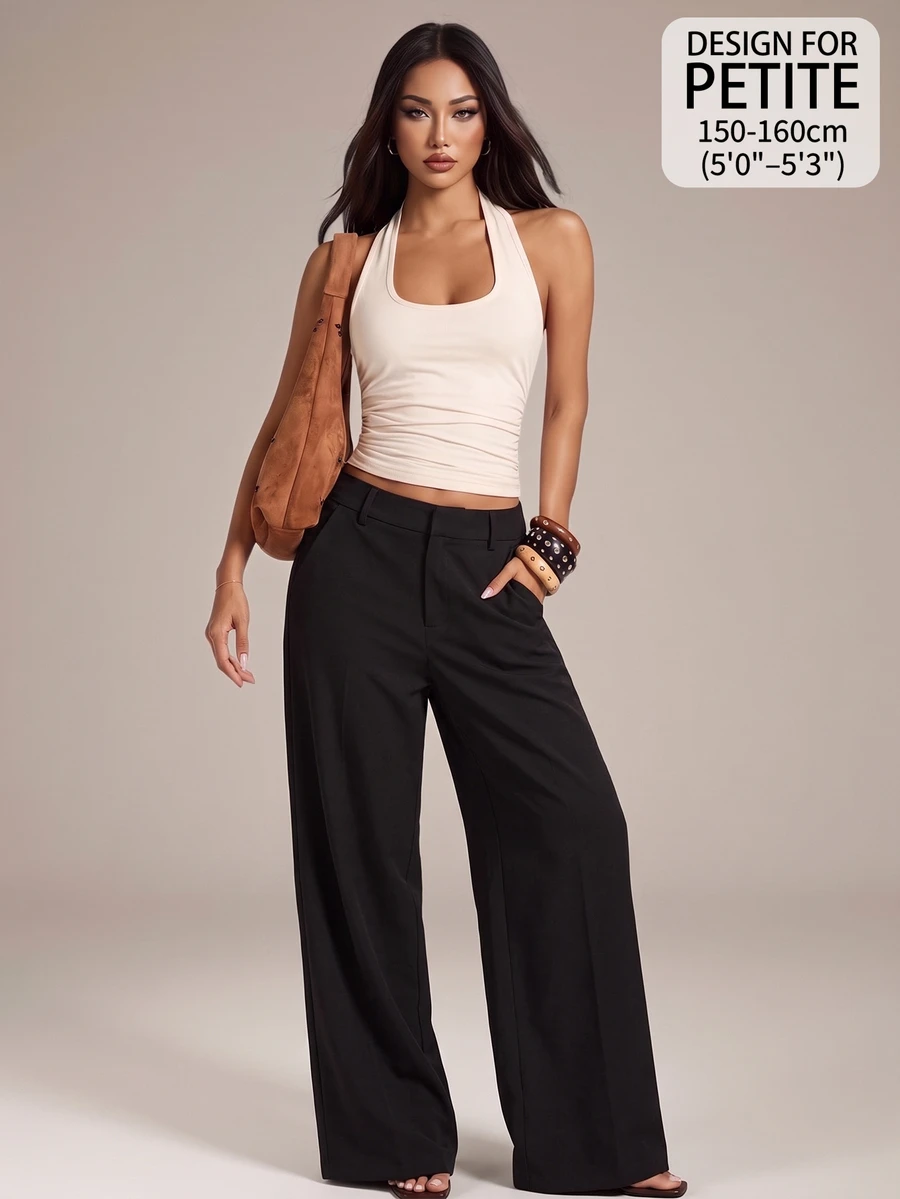 SHEIN PETITE بنطلون أسود فضفاض بقصة واسعة وكاجوال مع جيوب للنساء القصيرات – مناسب لجميع الفصول. - الأسود - مشاهدة 1