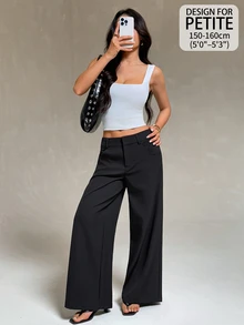 SHEIN PETITE 黑色寬鬆寬腿休閒長褲，附口袋，適合嬌小女性，四季皆宜 - 黑色 - 查看 1