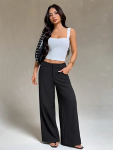 SHEIN PETITE 黑色寬鬆寬腿休閒長褲，附口袋，適合嬌小女性，四季皆宜 - 黑色 - 查看 3