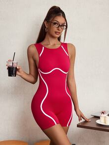 Elnivra Seamless High Elasticity Sports Fitness Yoga Jumpsuit With Fashionable Color Block Lines - Red - View 5