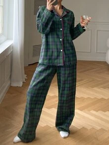 DAZY Plus Size Women Christmas Plaid Lapel Long Sleeve Single-Breasted Top And Pants Loose Pajama Set, Fall Winter Clothes - Green - View 5