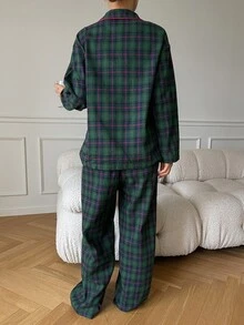 DAZY Plus Size Women Christmas Plaid Lapel Long Sleeve Single-Breasted Top And Pants Loose Pajama Set, Fall Winter Clothes - Green - View 2