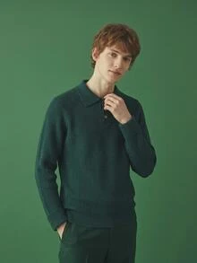 Manfinity CasualKnits Men's Ribbed Minimalist Button Half-Placket Long Sleeve Sweater , Christmas, Old Money - Dark Green - View 3