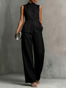 LUMIGAL Women's 2 Pieces Set: Round Neck Short Sleeve Casual Fashion Contrast Color Loose Wide Leg Pants - Black - View 3