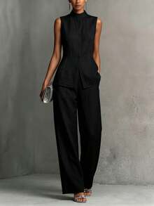 LUMIGAL Women's 2 Pieces Set: Round Neck Short Sleeve Casual Fashion Contrast Color Loose Wide Leg Pants - Black - View 5