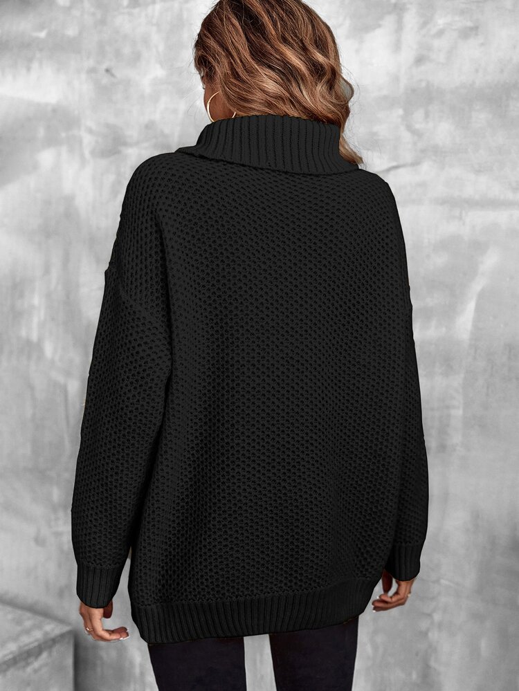 LUMIGAL Turtleneck Drop Shoulder Pointelle Knit Sweater,Long Sleeve Tops Knit Pullover Fall Winter Sweater - Black - View 2