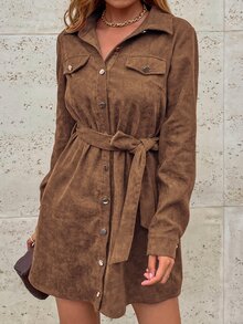 LUMIGAL Flap Detail Belted Corduroy Shirt Dress Fall Cloth For Women - Coffee - View 6