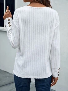 LUMIGAL 女士纯色罗纹V领落肩长袖休闲宽松T恤 - 白色 - 查看 2