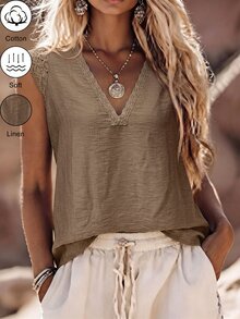 SHEIN LUNE Women's Solid Color V-Neck Linen Patchwork Lace Casual Shirt - Khaki - View 3