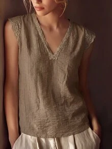 SHEIN LUNE Women's Solid Color V-Neck Linen Patchwork Lace Casual Shirt - Khaki - View 5
