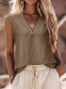 SHEIN LUNE Women's Solid Color V-Neck Linen Patchwork Lace Casual Shirt - Khaki - View 7