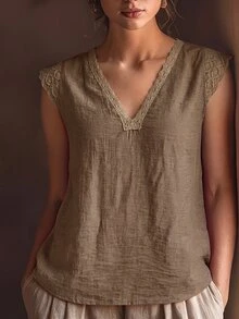 SHEIN LUNE Women's Solid Color V-Neck Linen Patchwork Lace Casual Shirt - Khaki - View 8