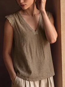 SHEIN LUNE Women's Solid Color V-Neck Linen Patchwork Lace Casual Shirt - Khaki - View 6