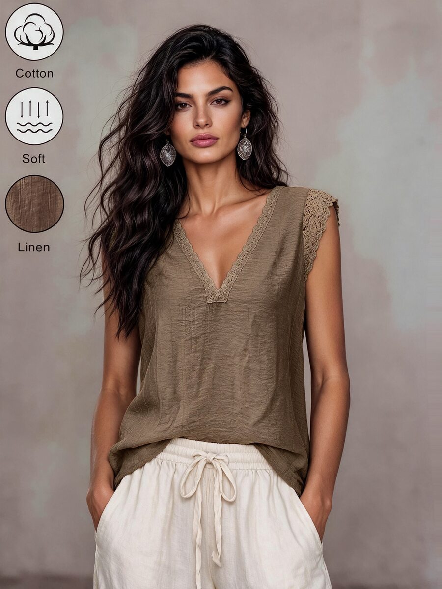 SHEIN LUNE Women's Solid Color V-Neck Linen Patchwork Lace Casual Shirt - Khaki - View 1