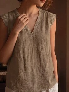SHEIN LUNE Women's Solid Color V-Neck Linen Patchwork Lace Casual Shirt - Khaki - View 4