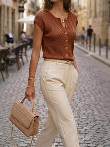 Elafinee Women's Solid Color Double-Breasted Casual Versatile Daily Wear Cardigan - Brown - View 7