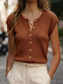 Elafinee Women's Solid Color Double-Breasted Casual Versatile Daily Wear Cardigan - Brown - View 3
