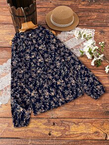 EMERY ROSE Women's Ditsy Floral Off-Shoulder Long Sleeve Casual Shirt - Navy Blue - View 2