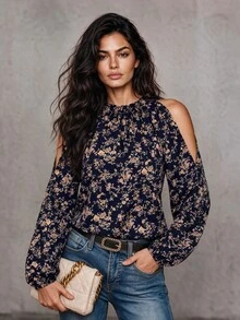EMERY ROSE Women's Ditsy Floral Off-Shoulder Long Sleeve Casual Shirt - Navy Blue - View 1