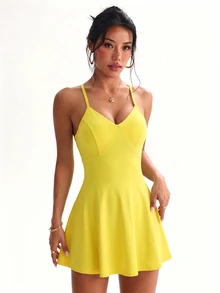 FavEase Women's Minimalist Sporty Dress With Pocket Shorts Set - Yellow - View 5