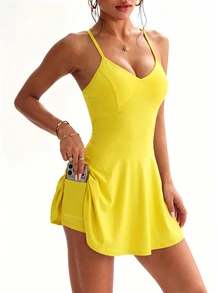 FavEase Women's Minimalist Sporty Dress With Pocket Shorts Set - Yellow - View 4