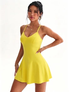 FavEase Women's Minimalist Sporty Dress With Pocket Shorts Set - Yellow - View 6