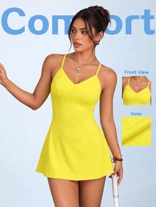 FavEase Women's Minimalist Sporty Dress With Pocket Shorts Set - Yellow - View 7