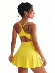 FavEase Women's Minimalist Sporty Dress With Pocket Shorts Set - Yellow - View 2