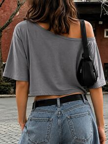 SHEIN Cropped Loose Fit T-Shirt T2026080203#Double Brushed Milk Silk 180G#Color 95 - Light Grey - View 2