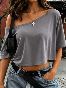 SHEIN Cropped Loose Fit T-Shirt T2026080203#Double Brushed Milk Silk 180G#Color 95 - Light Grey - View 1