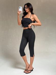 Vivamere Women's Solid Color High Waist Casual Versatile Capri Pants - Black - View 5