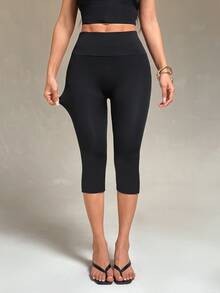Vivamere Women's Solid Color High Waist Casual Versatile Capri Pants - Black - View 6