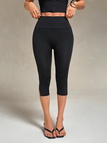 Vivamere Women's Solid Color High Waist Casual Versatile Capri Pants - Black - View 7