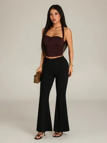 SHEIN PETITE Women's Solid Color Casual Versatile Daily Wear Flare Leg Pants - Black - View 7
