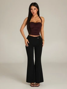 SHEIN PETITE Women's Solid Color Casual Versatile Daily Wear Flare Leg Pants - Black - View 6