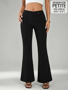 SHEIN PETITE Women's Solid Color Casual Versatile Daily Wear Flare Leg Pants - Black - View 10