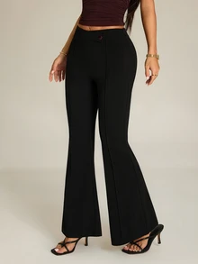 SHEIN PETITE Women's Solid Color Casual Versatile Daily Wear Flare Leg Pants - Black - View 3