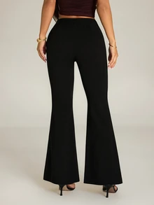 SHEIN PETITE Women's Solid Color Casual Versatile Daily Wear Flare Leg Pants - Black - View 2