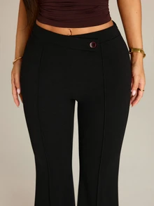 SHEIN PETITE Women's Solid Color Casual Versatile Daily Wear Flare Leg Pants - Black - View 4