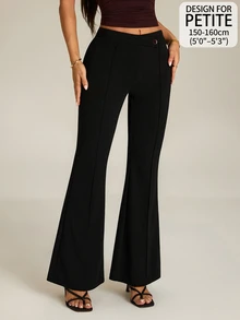 SHEIN PETITE Women's Solid Color Casual Versatile Daily Wear Flare Leg Pants - Black - View 1