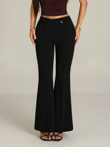 SHEIN PETITE Women's Solid Color Casual Versatile Daily Wear Flare Leg Pants - Black - View 5