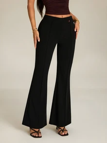 SHEIN PETITE Women's Solid Color Casual Versatile Daily Wear Flare Leg Pants - Black - View 8