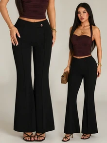 SHEIN PETITE Women's Solid Color Casual Versatile Daily Wear Flare Leg Pants - Black - View 9