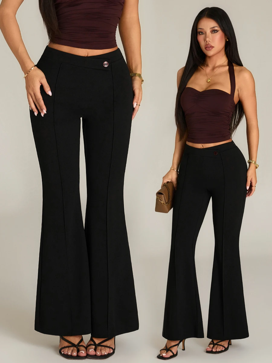 SHEIN PETITE 女款純色休閒百搭日常穿著喇叭褲 - 黑色 - 查看 1